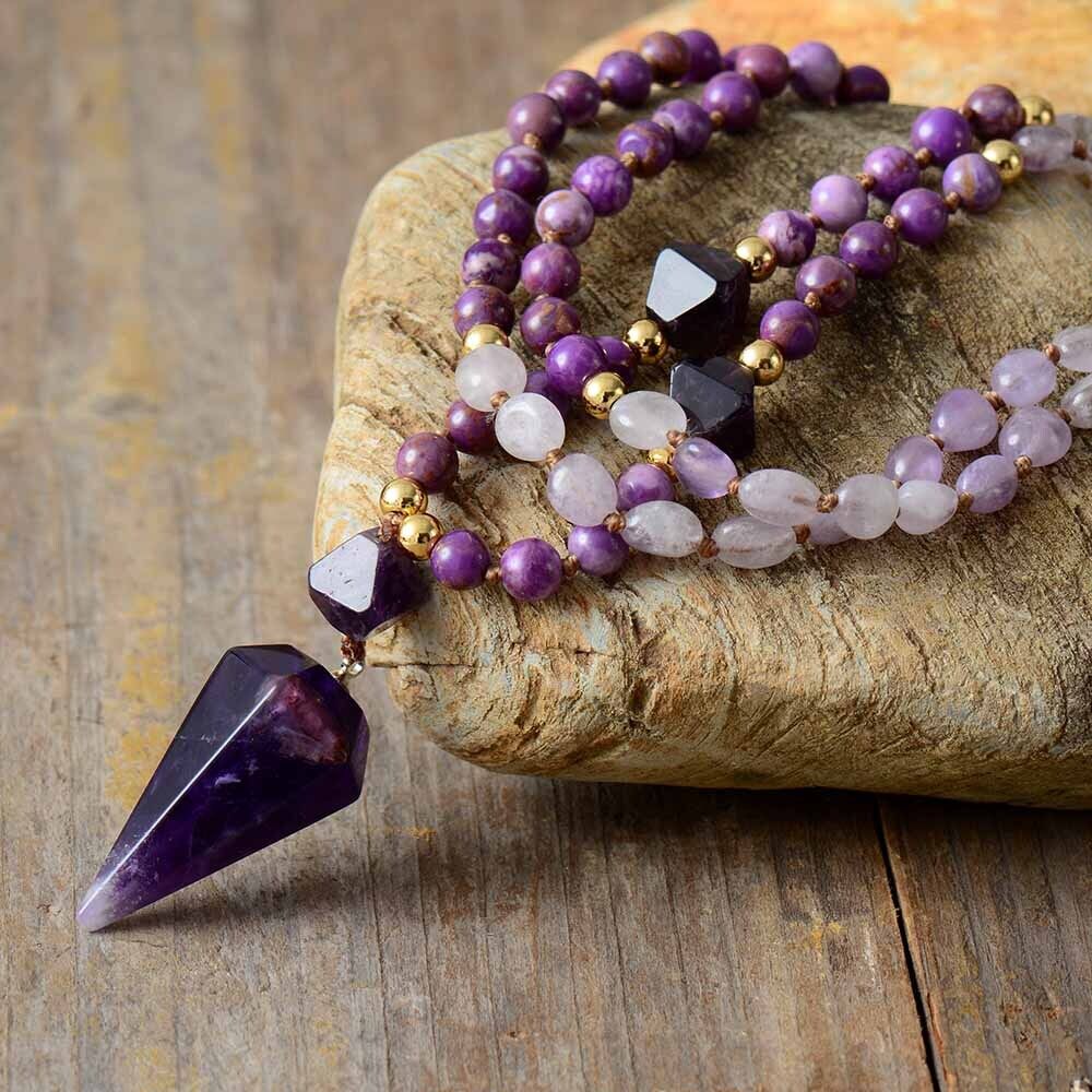 108 Mala Beads Amethyst Crystal Pendant Necklace for Meditation
