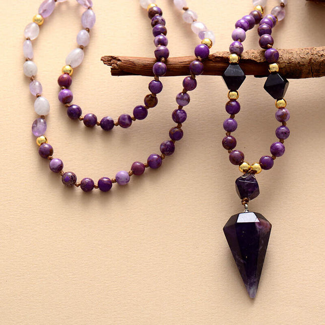 108 Mala Beads Amethyst Crystal Pendant Necklace for Meditation