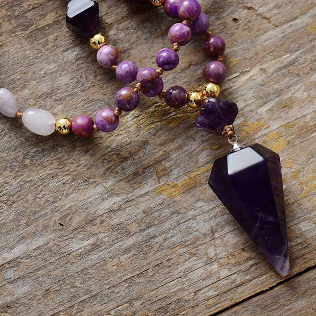108 Mala Beads Amethyst Crystal Pendant Necklace for Meditation
