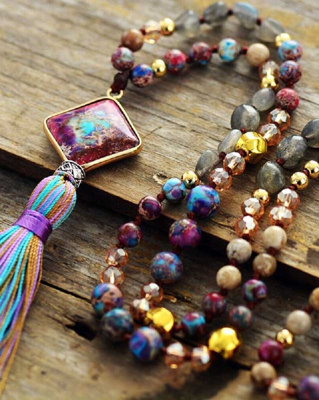 108 Mala Bead Assorted Gemstone Necklace Imperial Jasper Pendant Tassel Necklace