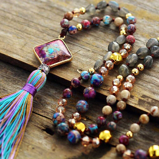 108 Mala Bead Assorted Gemstone Necklace Imperial Jasper Pendant Tassel Necklace