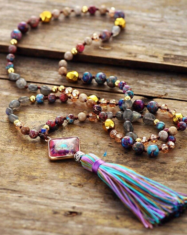 108 Mala Bead Assorted Gemstone Necklace Imperial Jasper Pendant Tassel Necklace