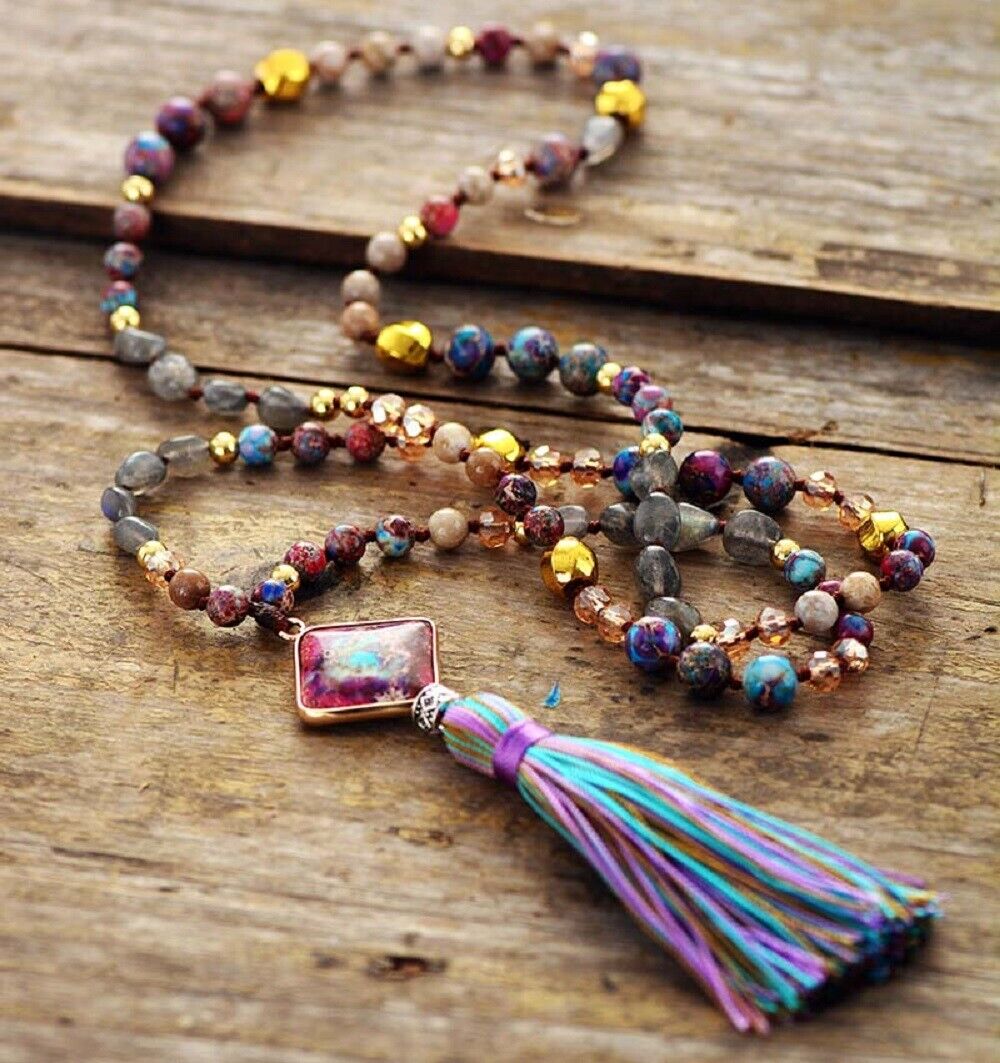 108 Mala Bead Assorted Gemstone Necklace Imperial Jasper Pendant Tassel Necklace