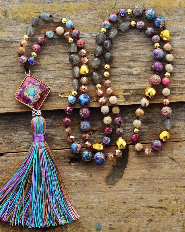 108 Mala Bead Assorted Gemstone Necklace Imperial Jasper Pendant Tassel Necklace