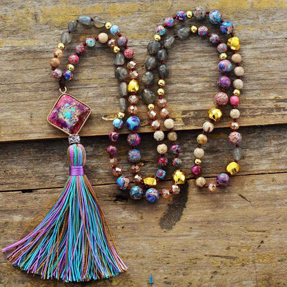 108 Mala Bead Assorted Gemstone Necklace Imperial Jasper Pendant Tassel Necklace