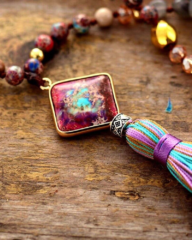 108 Mala Bead Assorted Gemstone Necklace Imperial Jasper Pendant Tassel Necklace