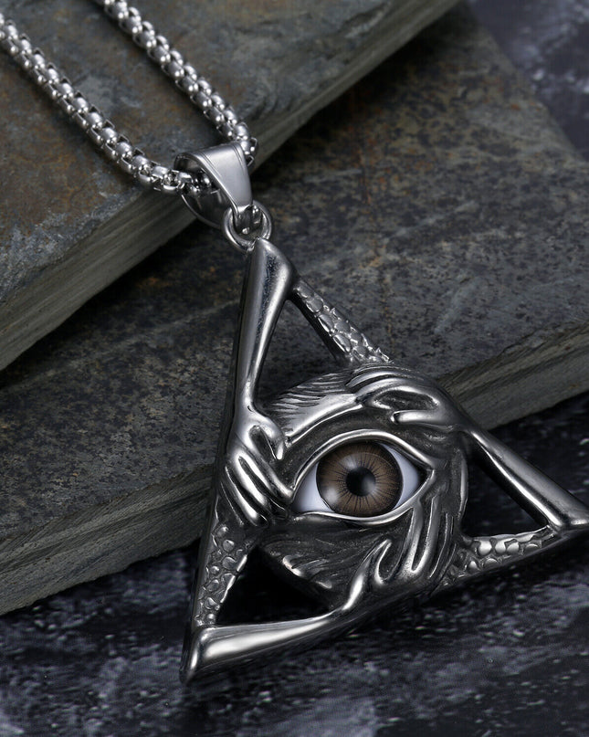 Men's Illuminati Egyptian All Seeing Grey Eye Necklace Pendant Stainless Steel