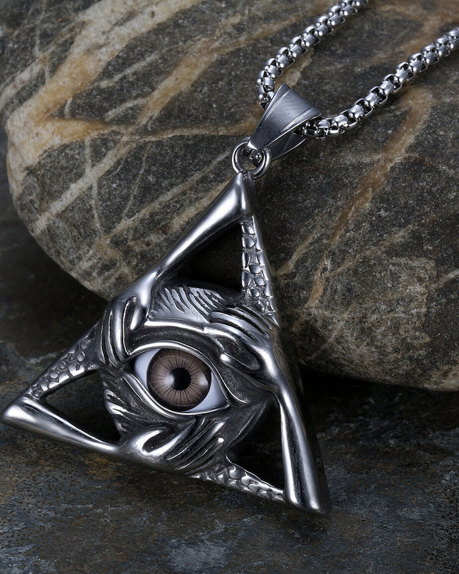 Men's Illuminati Egyptian All Seeing Grey Eye Necklace Pendant Stainless Steel