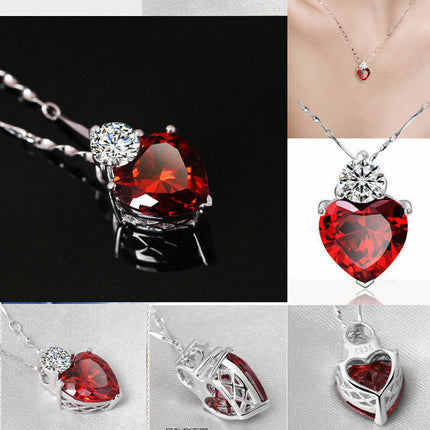 18” 925 Sterling Silver Red Garnet Heart Crystal Necklace for Women