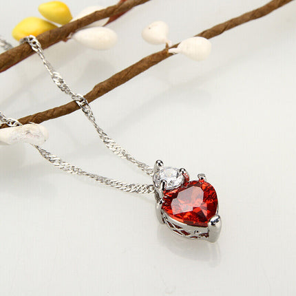 18” 925 Sterling Silver Red Garnet Heart Crystal Necklace for Women