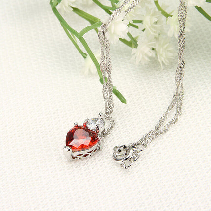 18” 925 Sterling Silver Red Garnet Heart Crystal Necklace for Women
