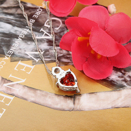 18” 925 Sterling Silver Red Garnet Heart Crystal Necklace for Women