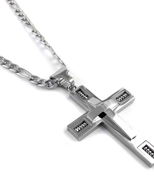 MEN's 24" Stainless Steel 5mm Figaro Chain Necklace Silver Cross Pendant
