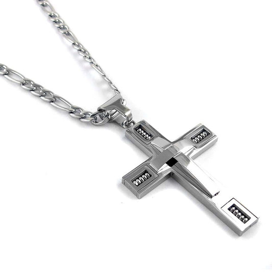 MEN's 24" Stainless Steel 5mm Figaro Chain Necklace Silver Cross Pendant