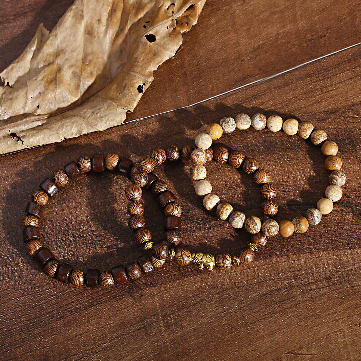 3Pcs Natural Wooden Beaded Bracelets Set Jewelry Gifts for Men Women