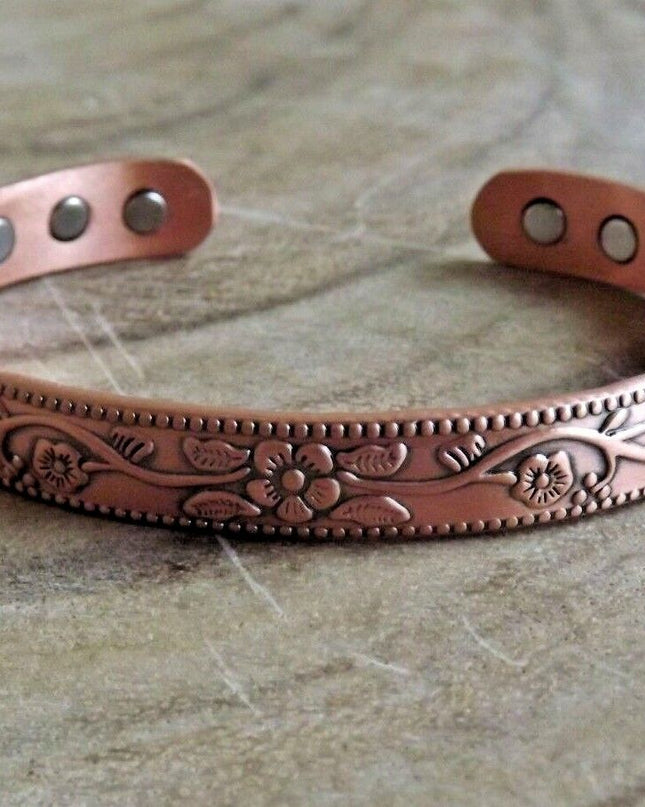 Pure Copper Magnetic Bracelet Arthritis Pain Therapy Energy Cuff Flower