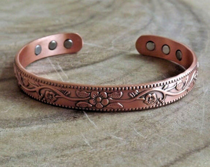 Pure Copper Magnetic Bracelet Arthritis Pain Therapy Energy Cuff Flower