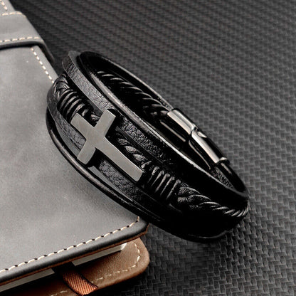 Cross Multi Layer Stainless Steel Fashion Men's Leather Bracelet Classic