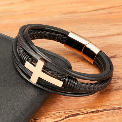 Cross Multi Layer Stainless Steel Fashion Men's Leather Bracelet Classic