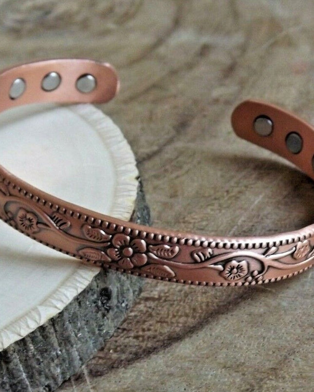 Pure Copper Magnetic Bracelet Arthritis Pain Therapy Energy Cuff Flower
