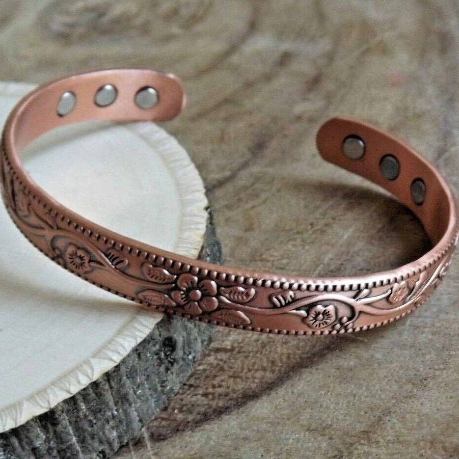 Pure Copper Magnetic Bracelet Arthritis Pain Therapy Energy Cuff Flower