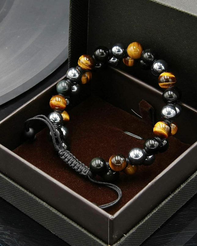 Men Bracelet Triple Protection Black Obsidian Hematite 8mm Beads Bracelet