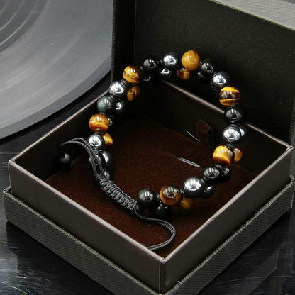 Men Bracelet Triple Protection Black Obsidian Hematite 8mm Beads Bracelet