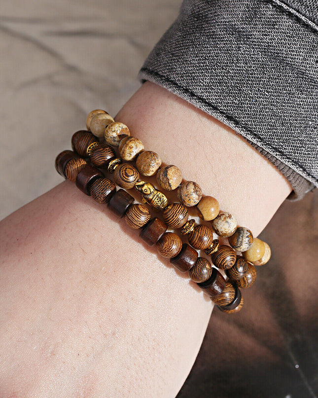 3Pcs Natural Wooden Beaded Bracelets Set Jewelry Gifts for Men Women