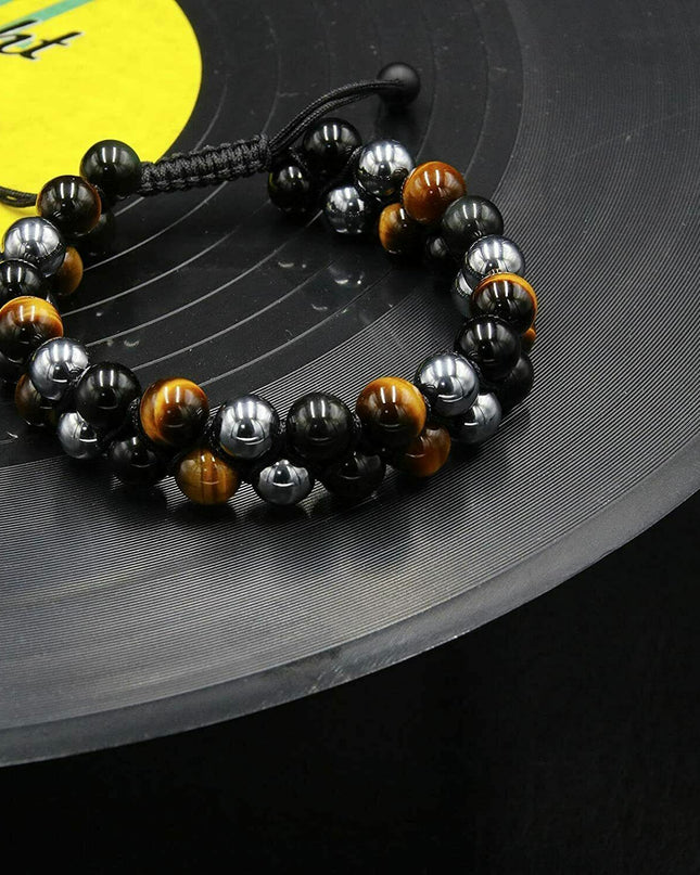 Men Bracelet Triple Protection Black Obsidian Hematite 8mm Beads Bracelet