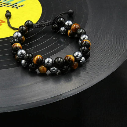 Men Bracelet Triple Protection Black Obsidian Hematite 8mm Beads Bracelet