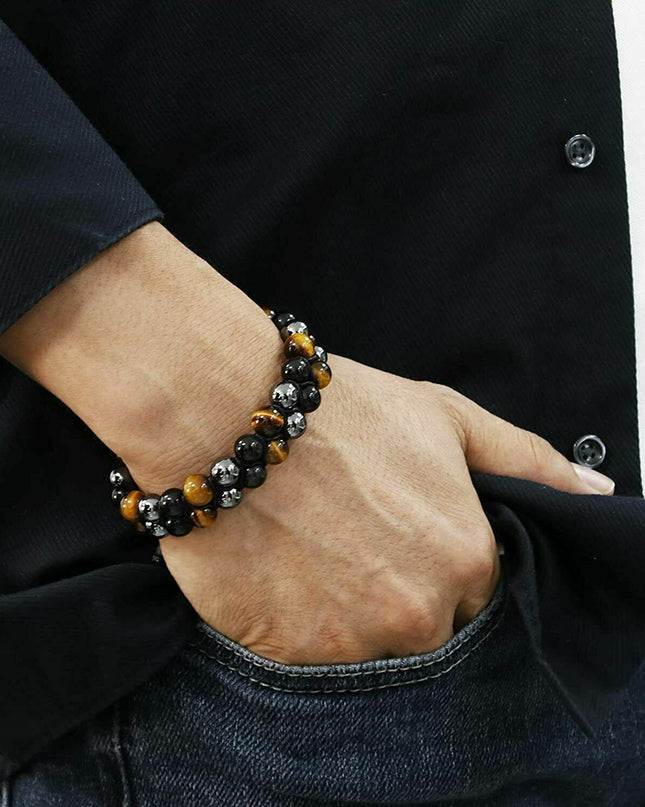 Men Bracelet Triple Protection Black Obsidian Hematite 8mm Beads Bracelet