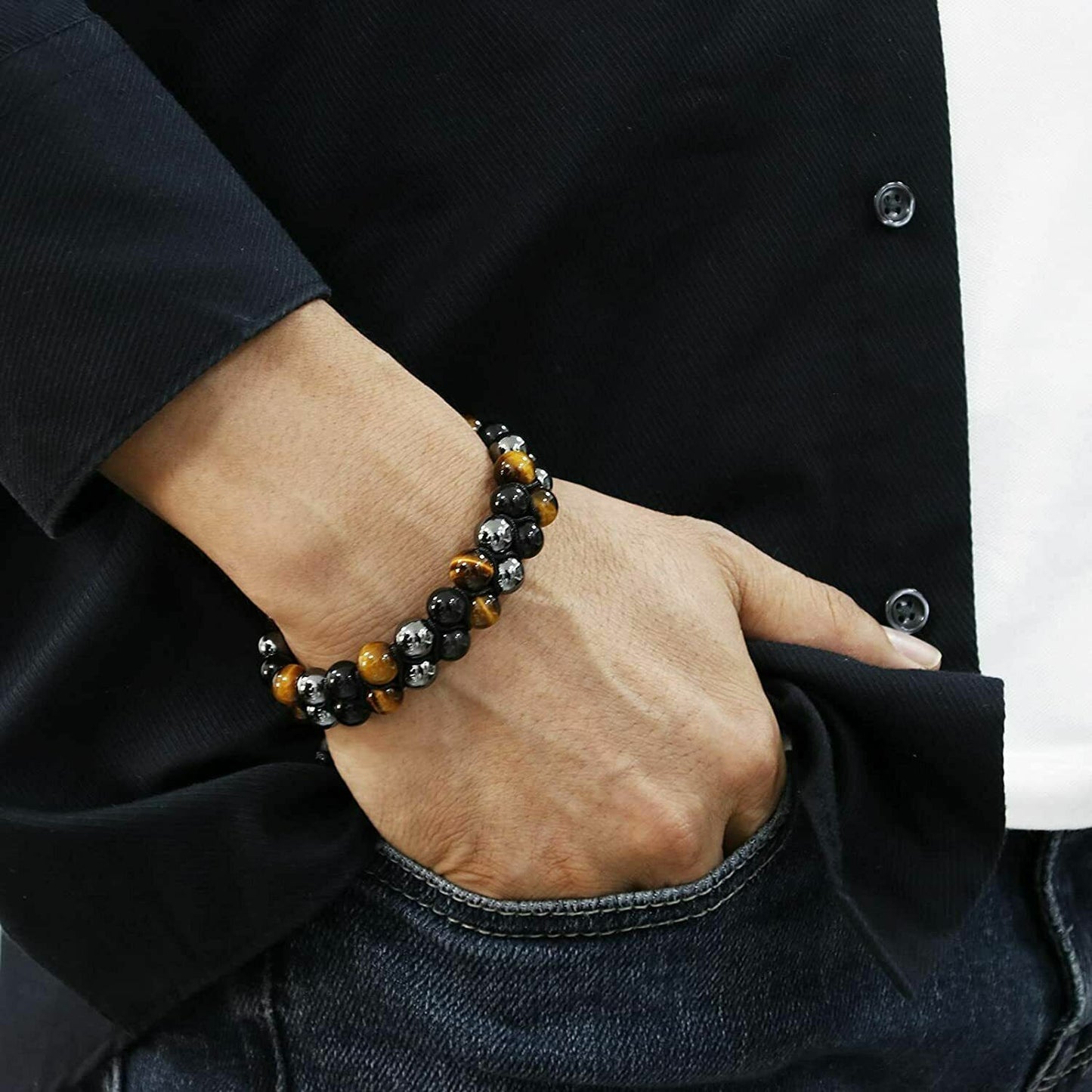 Men Bracelet Triple Protection Black Obsidian Hematite 8mm Beads Bracelet