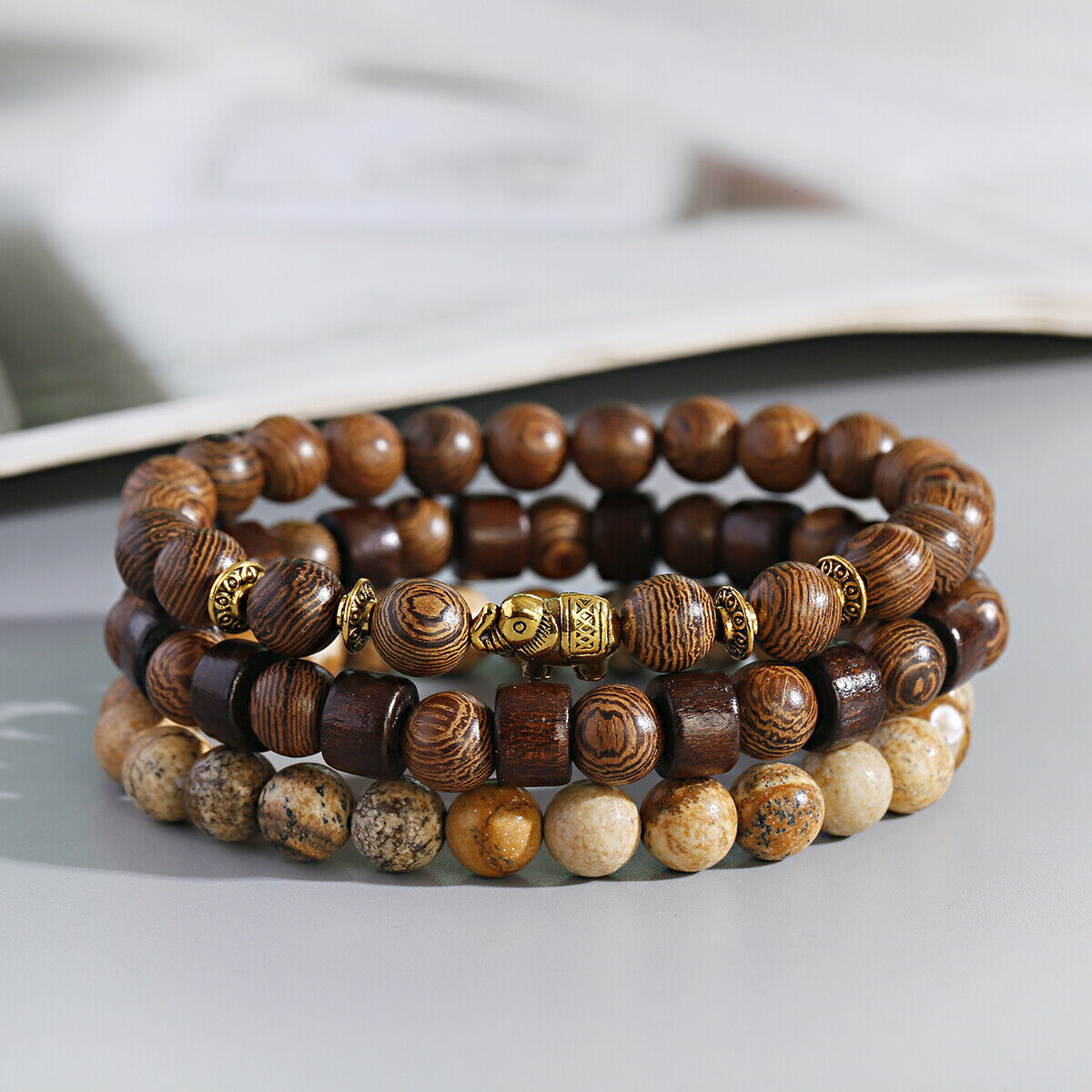 3Pcs Natural Wooden Beaded Bracelets Set Jewelry Gifts for Men Women