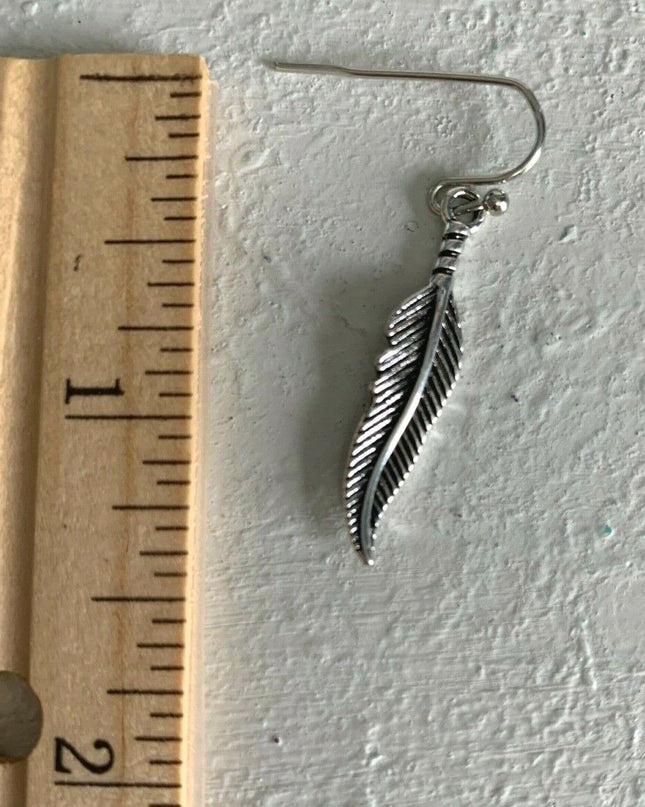 Feather Earrings 925 sterling silver Dangle hooks pewter charms Feathers