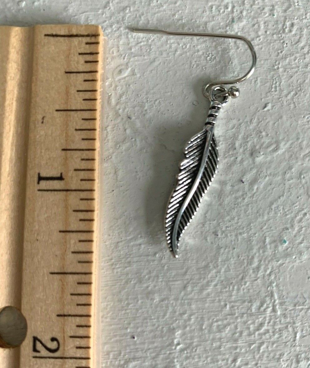 Feather Earrings 925 sterling silver Dangle hooks pewter charms Feathers