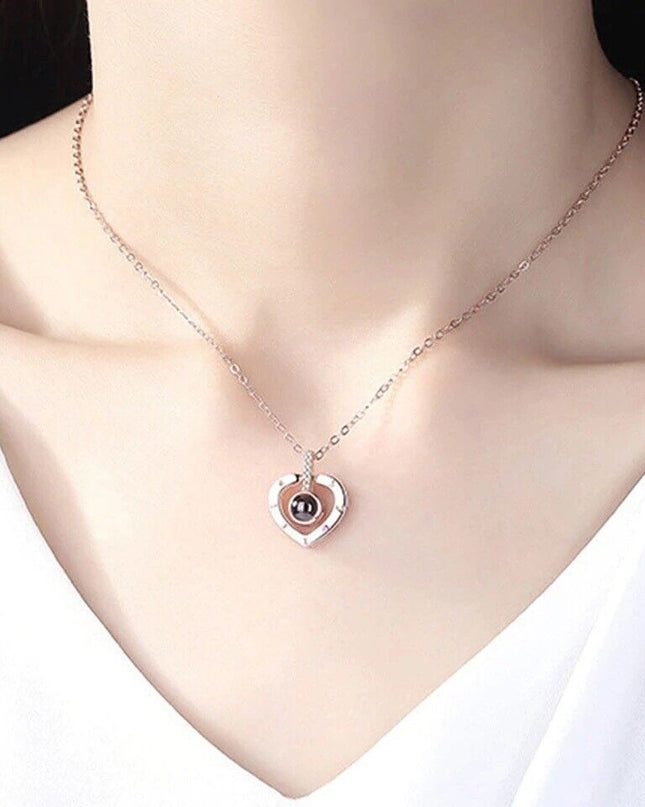 I LOVE YOU in 100 Languages Light Projection Heart Necklace