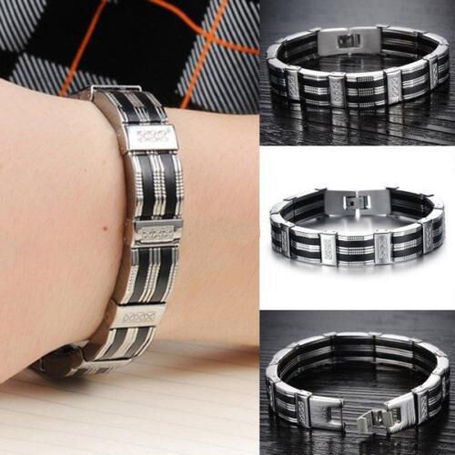 21' Black Silicone Silver Stainless Steel Chain Wristband Bracelet for Men Fashion