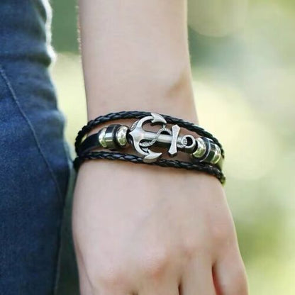 Sailor Beach Nautical Anchor Bracelet Leather Wristband Bangle Brown