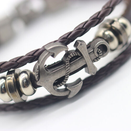 Sailor Beach Nautical Anchor Bracelet Leather Wristband Bangle Brown