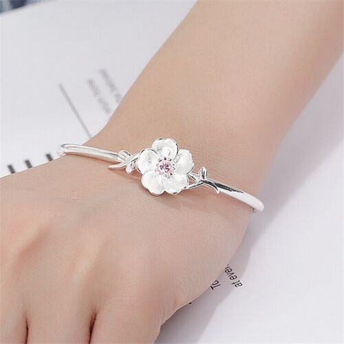 925 Sterling Silver Pink CZ Cherry Blossoms Bangle Bracelet