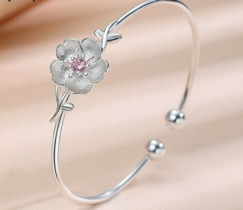 925 Sterling Silver Pink CZ Cherry Blossoms Bangle Bracelet