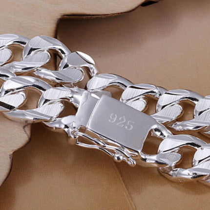 925 Sterling Silver Solid Chain Bracelet Solid Thick Big Link Men's Bracelet