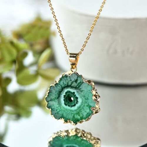 Green Druzy Solar Agate Geode Slice Healing Reiki 14K Gold Chain Necklace