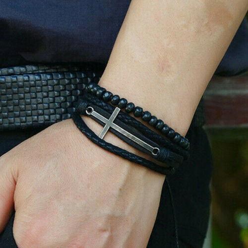 4Pcs/Set Men Ethnic Leather Stackable Braided Bracelet Christ Cross Charms