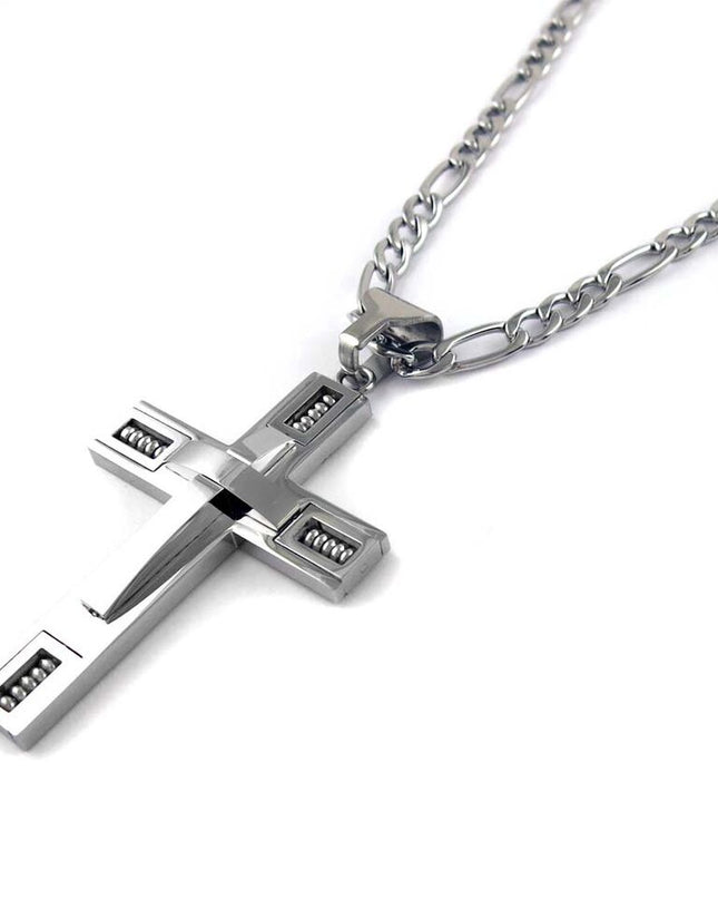 MEN's 24" Stainless Steel 5mm Figaro Chain Necklace Silver Cross Pendant