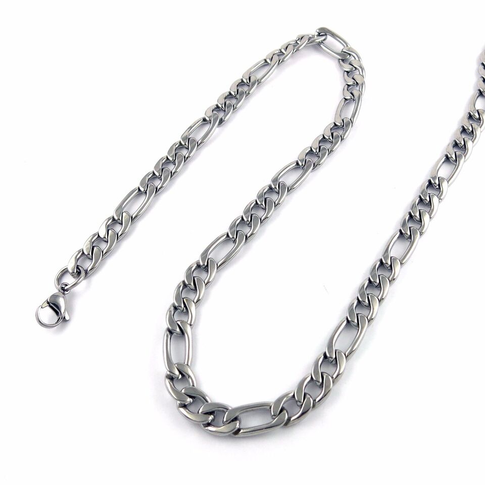 MEN's 24" Stainless Steel 5mm Figaro Chain Necklace Silver Cross Pendant